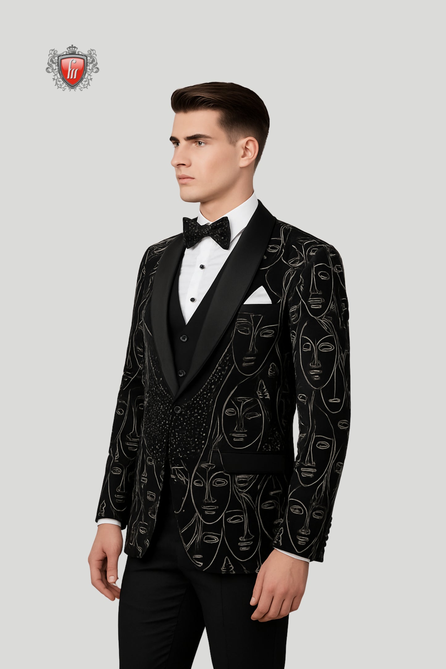 Abstract Designer Blazer for Men – Bold Embroidery with Polka Bow Tie