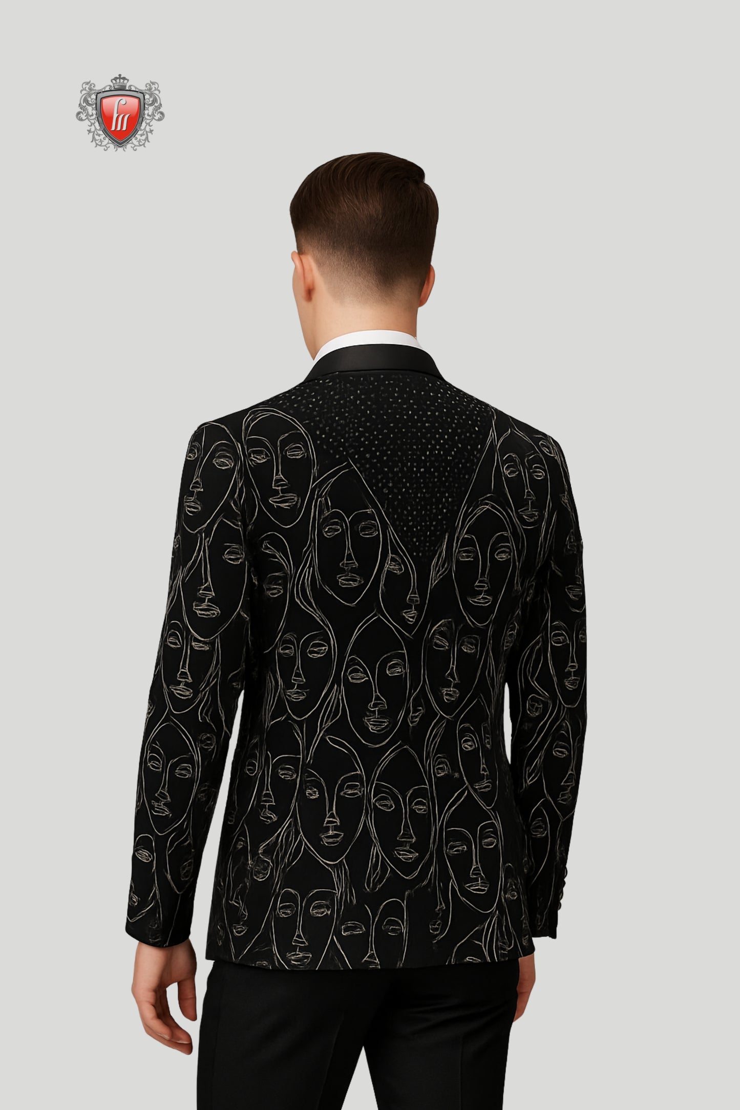 Abstract Designer Blazer for Men – Bold Embroidery with Polka Bow Tie