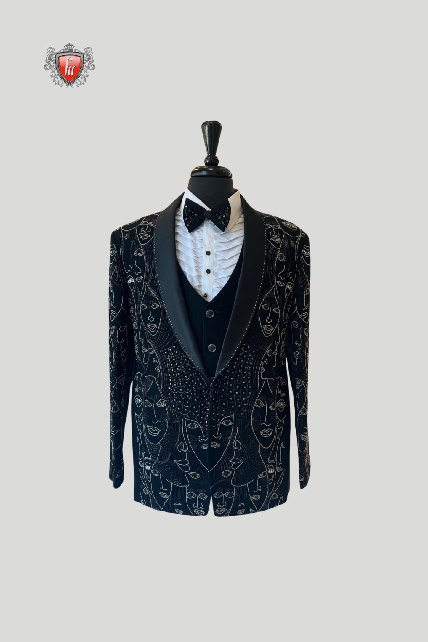 Black Abstract Line-Art Embroidered Suit with Satin Lapels – Premium Formalwear