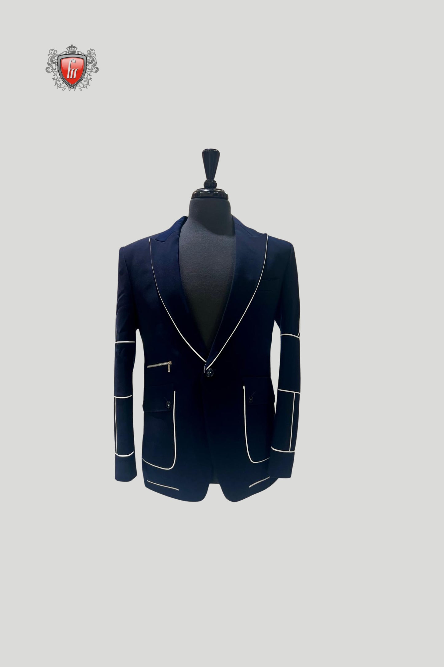 Men’s Navy Contrast Piping Suit – Modern Designer Formal Wear