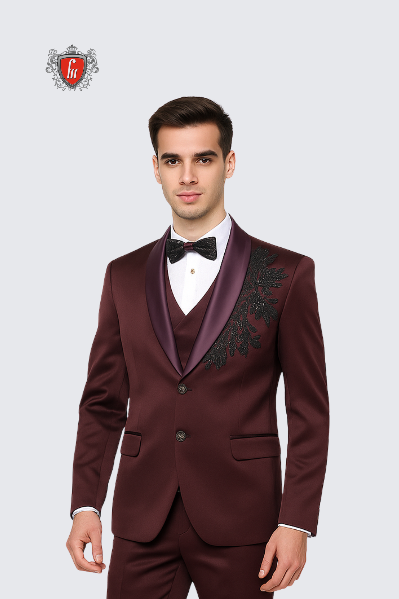 Men’s Plum Satin Tuxedo with Side Embroidery & Matching Waistcoat