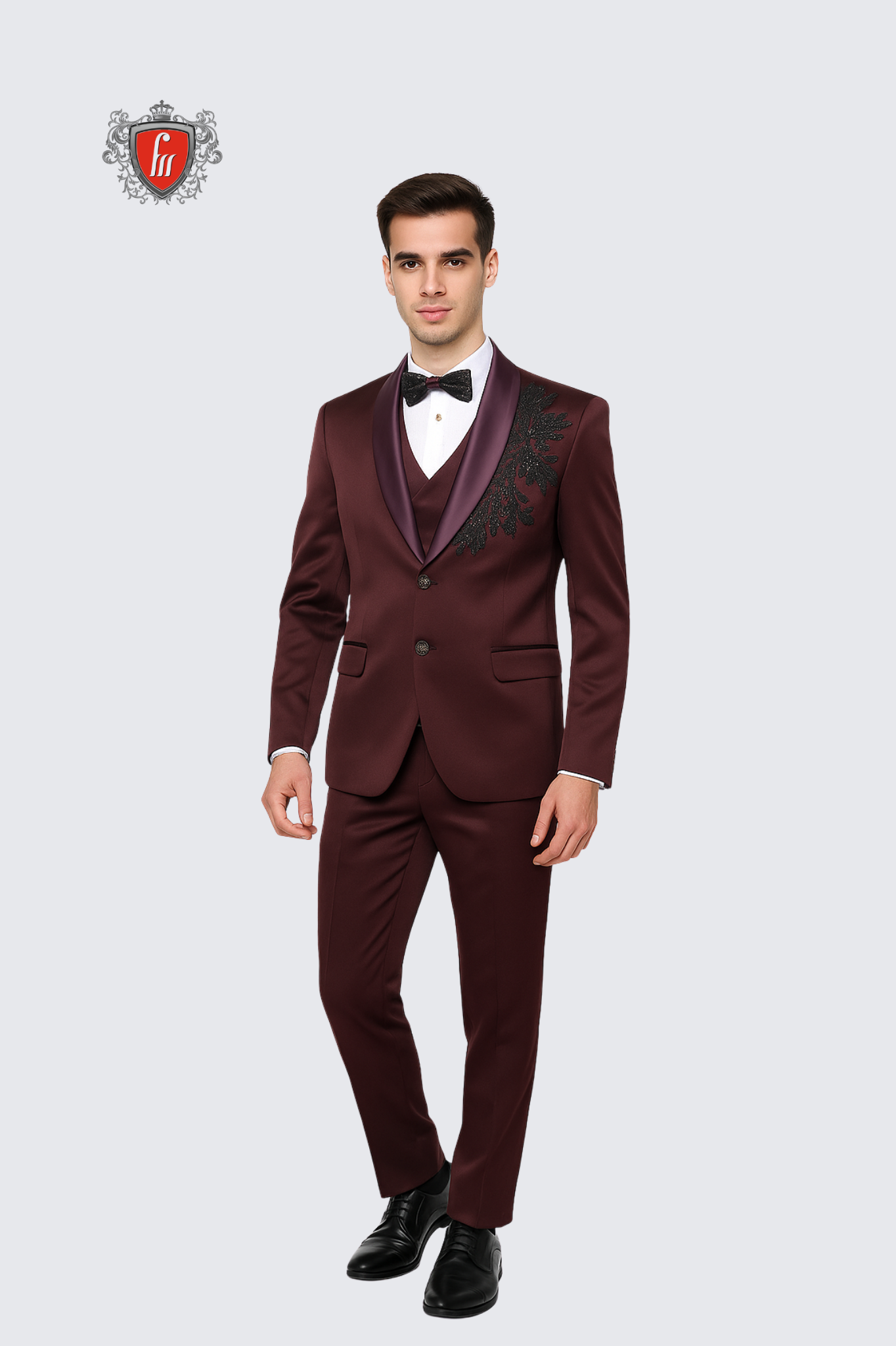 Men’s Plum Satin Tuxedo with Side Embroidery & Matching Waistcoat