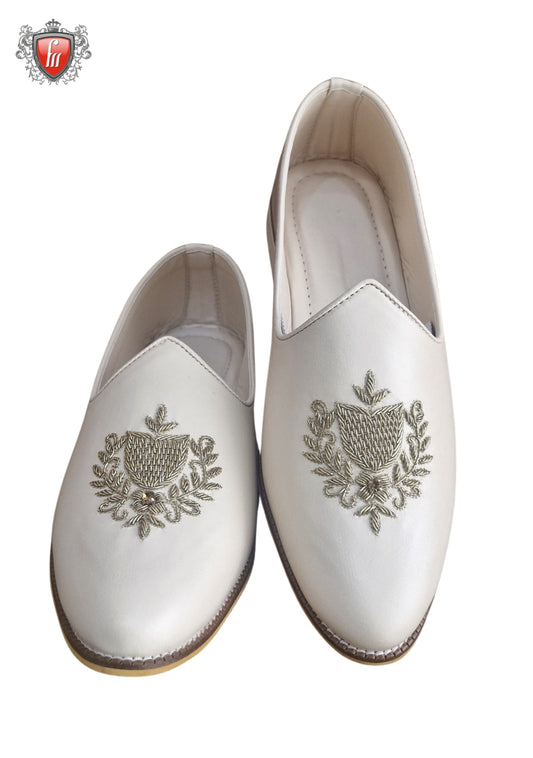 Men’s Cream Micro-Leather Shoes – Kardana, Sequin & Dabka Work, Festive Wear