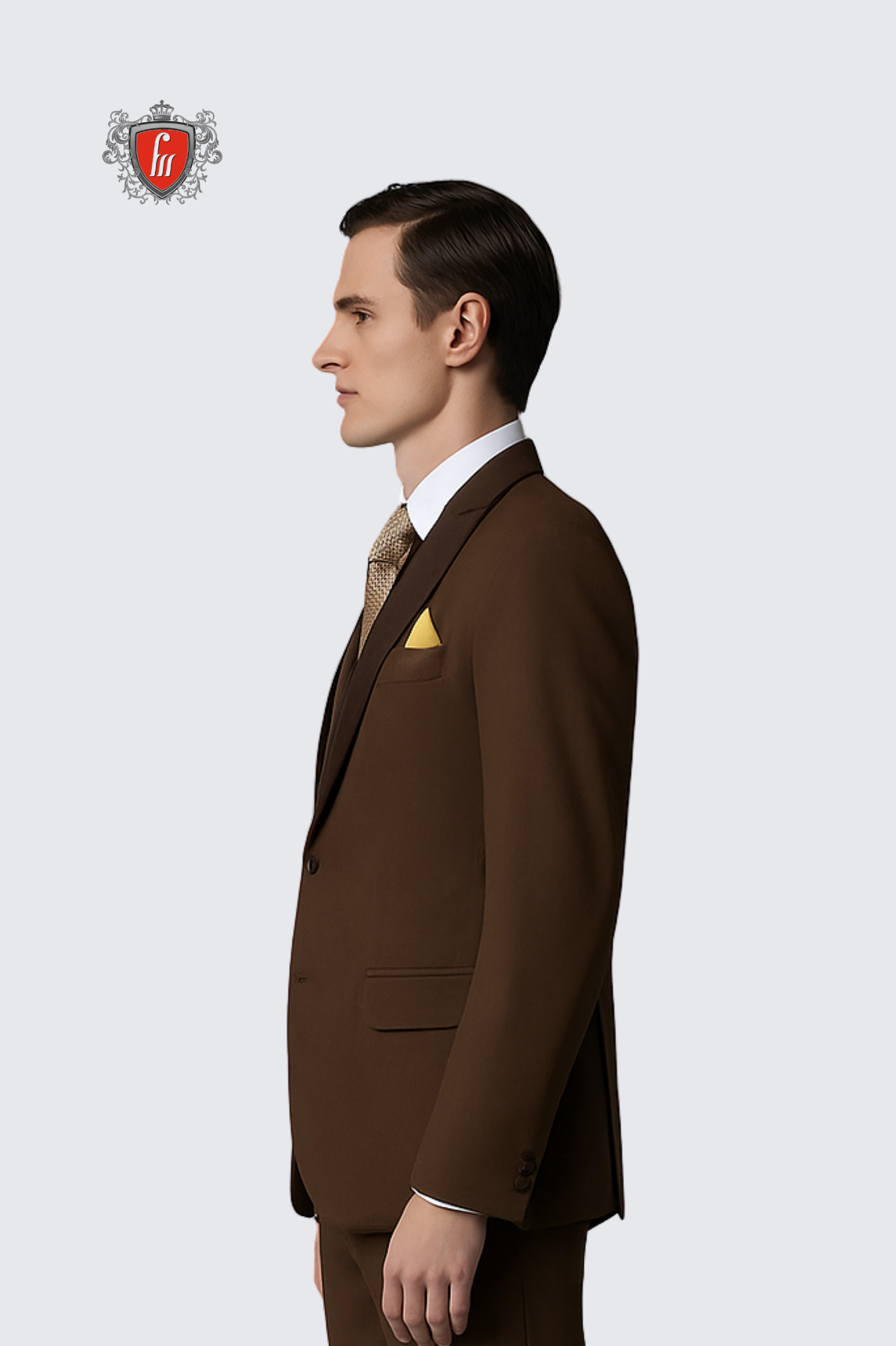 Men’s Chocolate Brown Suit with Satin Lapel & Printed Tie – Elegant Formalwear