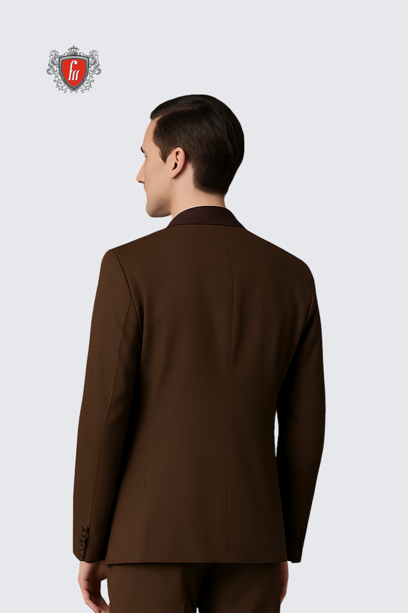 Men’s Chocolate Brown Suit with Satin Lapel & Printed Tie – Elegant Formalwear