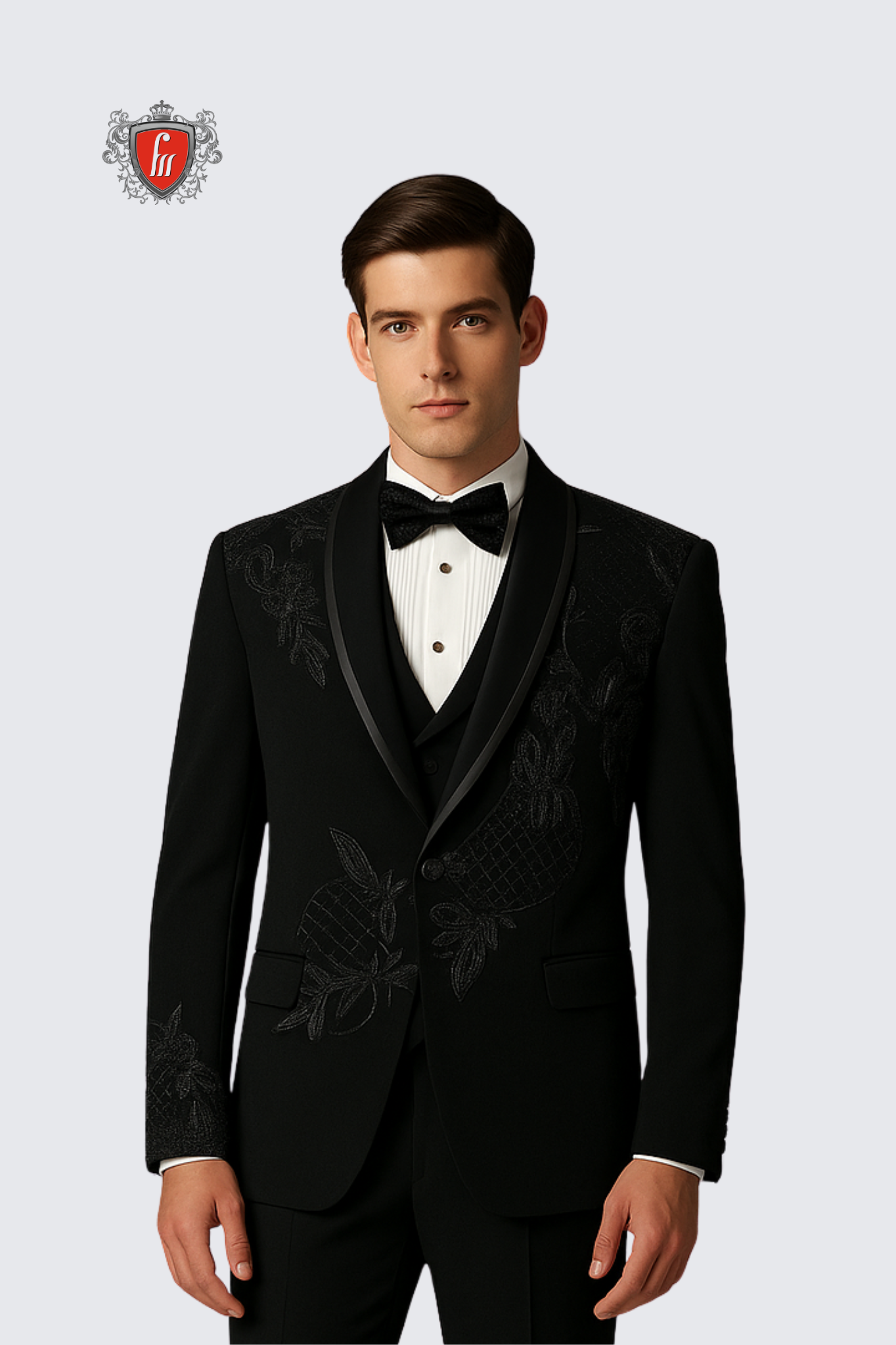 Men’s Black Embroidered Tuxedo – Elegant Formalwear for Weddings & Parties