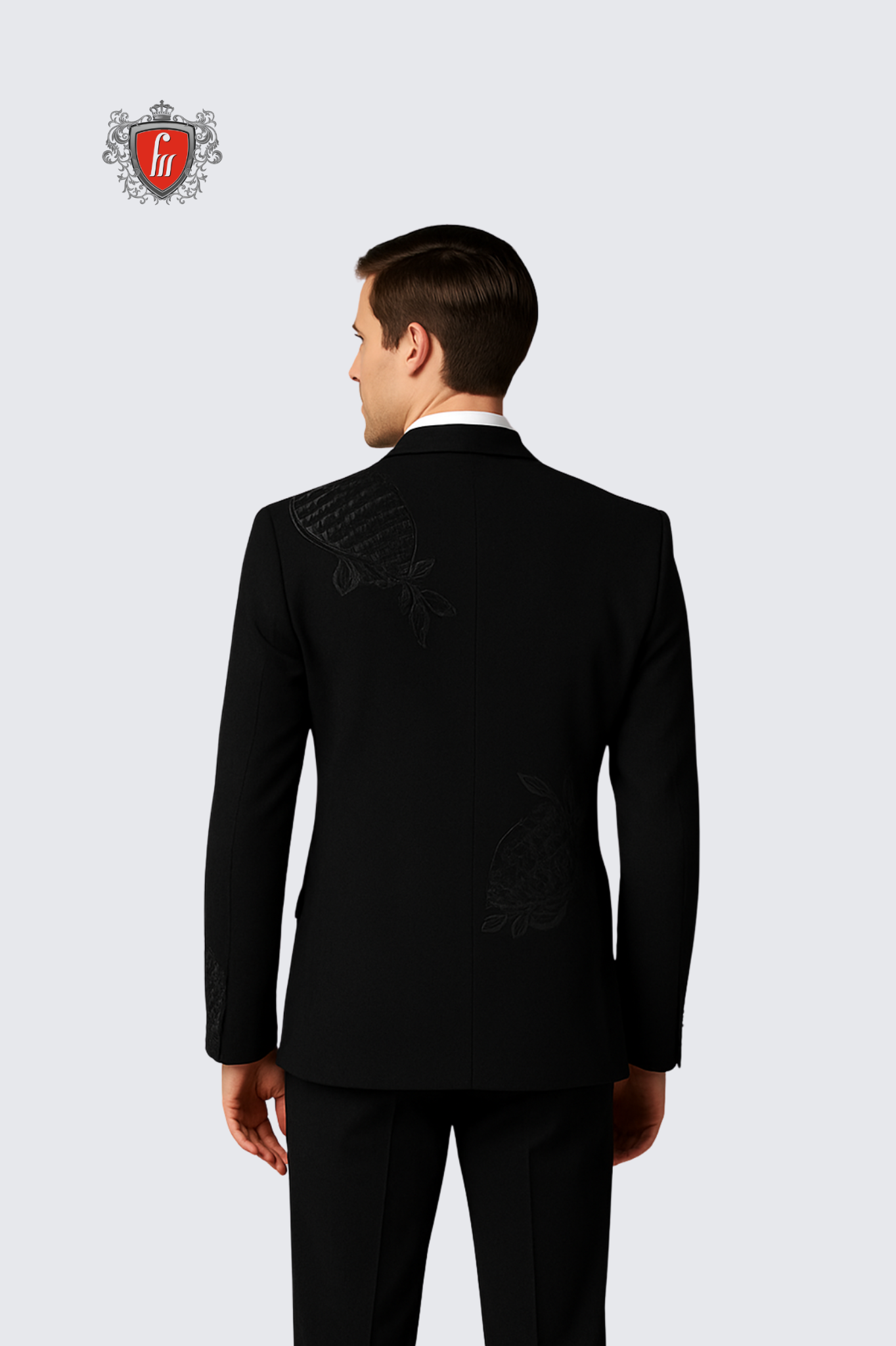 Men’s Black Embroidered Tuxedo – Elegant Formalwear for Weddings & Parties