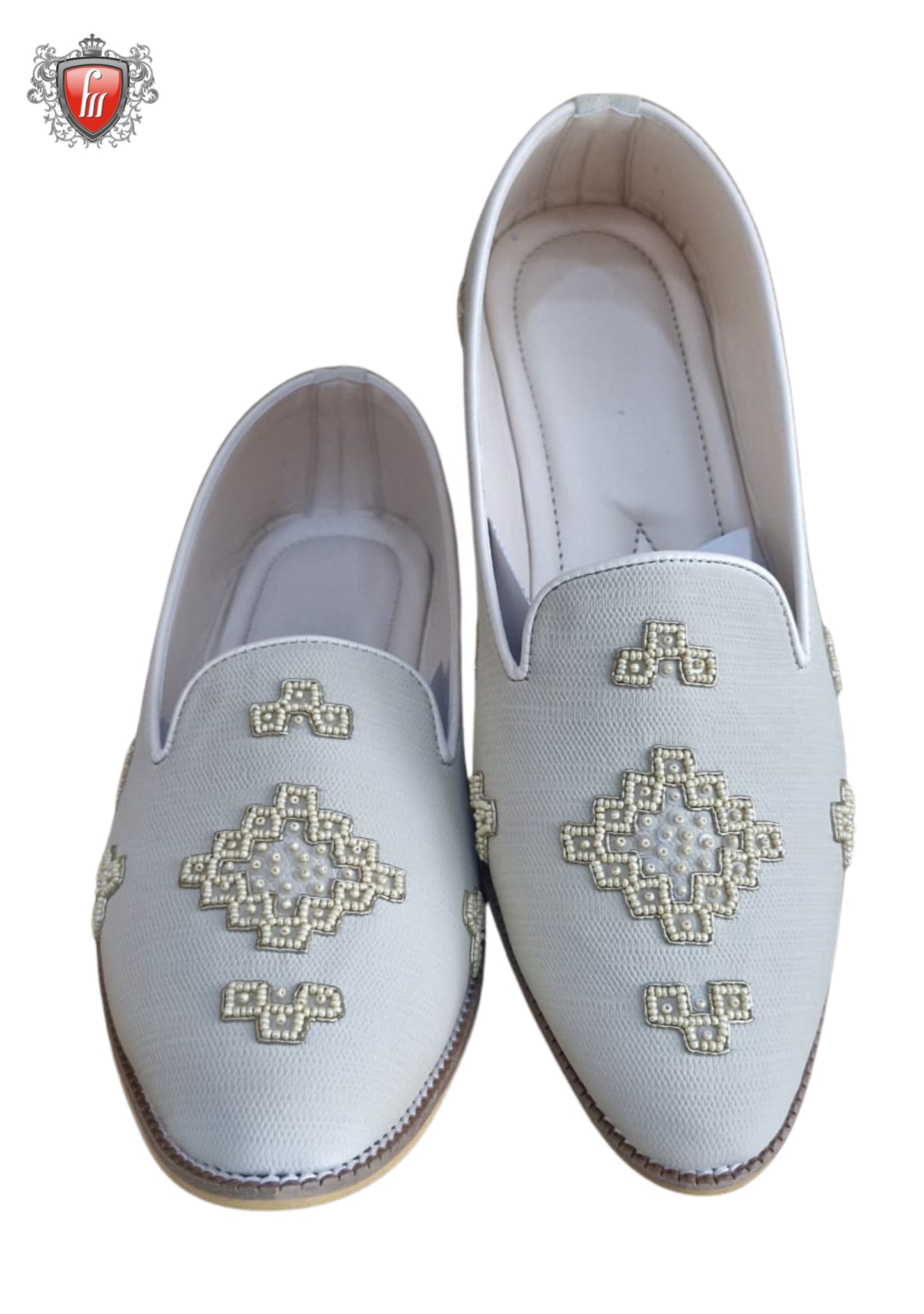Men’s White Micro-Leather Jutti – Golden Dabka & Stone Handwork, Festive Wear
