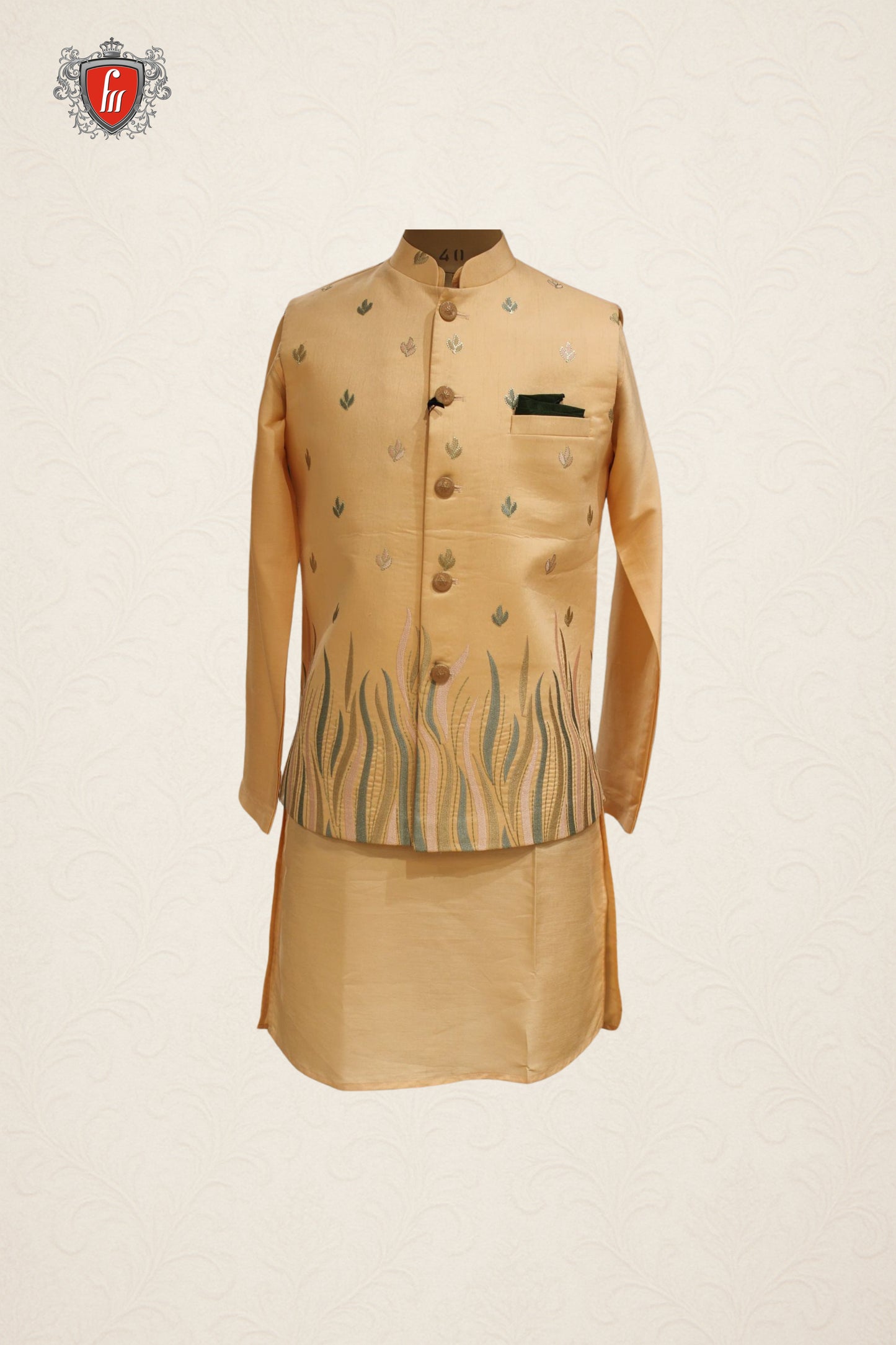 Peach Embroidered Kurta Pajama Set with Stylish Jacket for Men