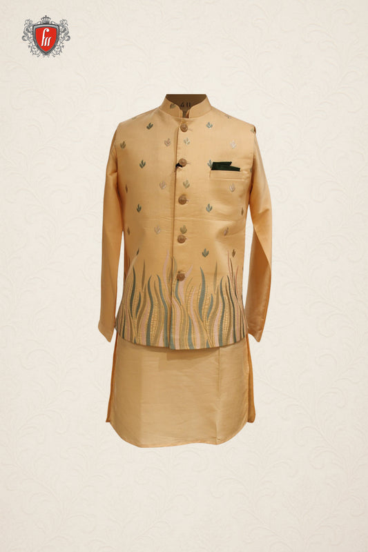 Peach Embroidered Kurta Pajama Set with Stylish Jacket for Men