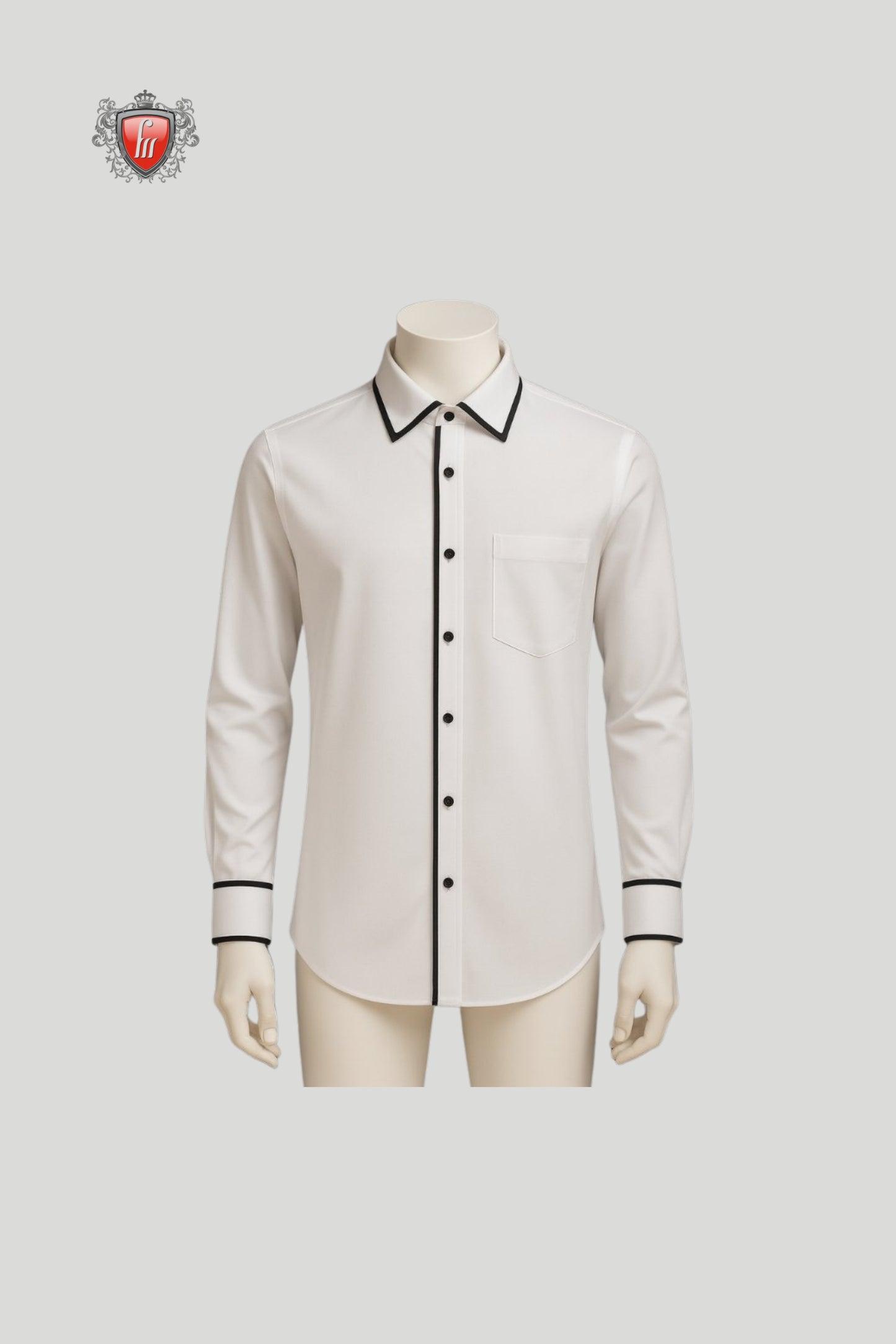 Men’s White Long-Sleeve Dress Shirt with Black Contrast Trim – Refined Detailing, Timeless Appeal