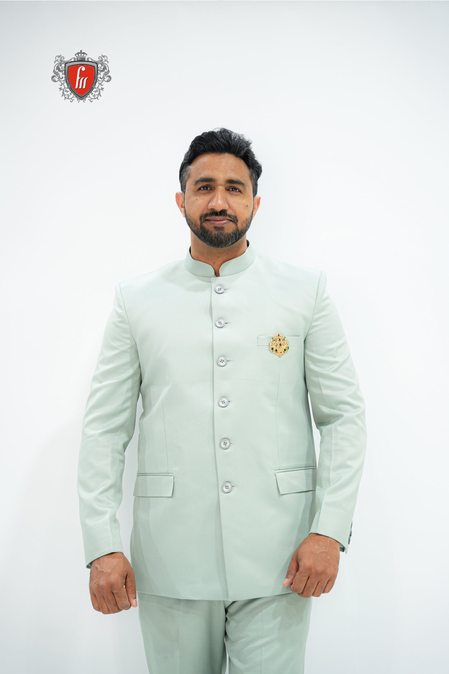 Men’s Mint Green Solid Jodhpuri Suit – Clean Tailored Finish with Mandarin Collar & Brooch Detail