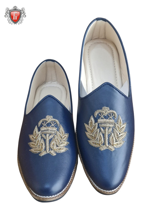 Men’s Blue Micro-Leather Jutti – Golden Dabka Handwork, Festive Wear