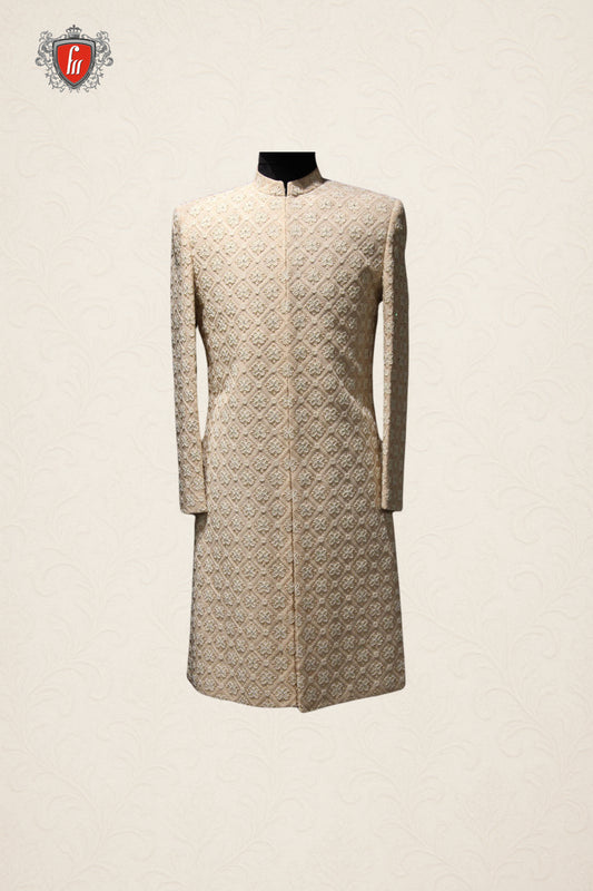 Beige Diamond-Pattern Embroidered Men's Designer Sherwani