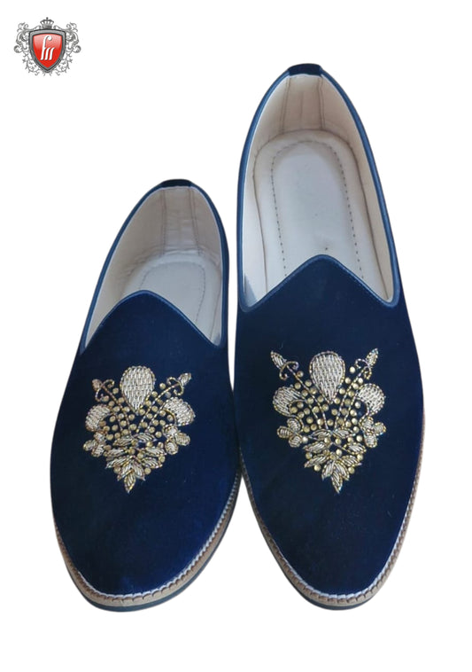 Men’s Blue Velvet Jutti – Dhaga & Dabka Heel Work, Soft Insole
