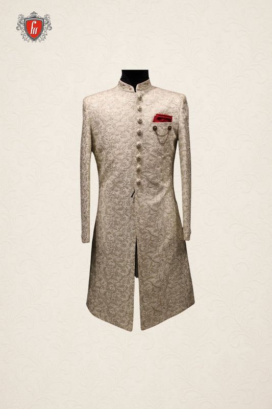 Ivory Embroidered Sherwani with Red Pocket Square & Button Chain Detail