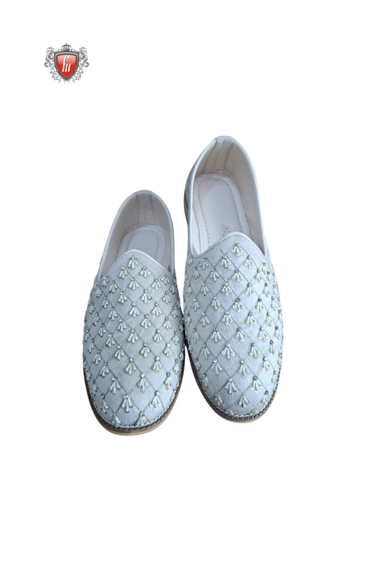Men’s White Quilted Jutti with Pearl-Inspired Embroidery