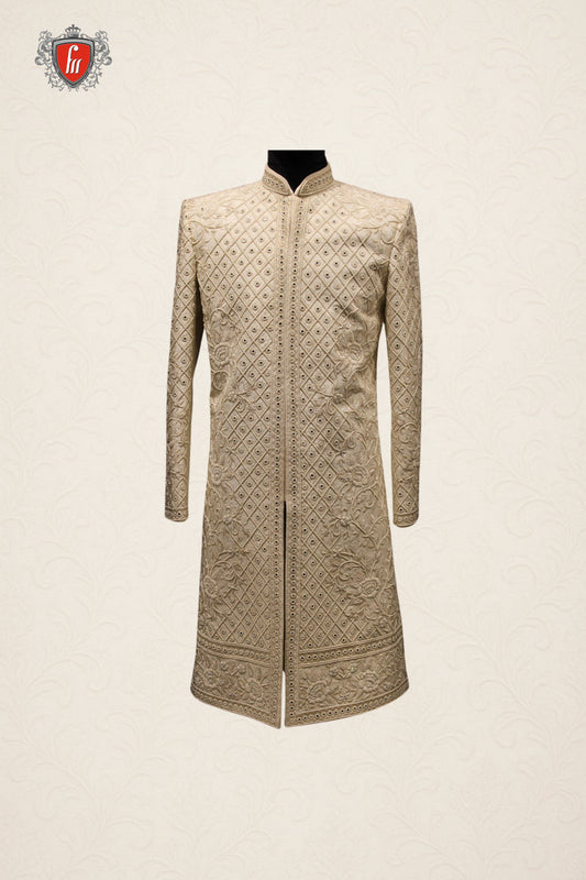 Champagne Gold Sherwani with Geometric & Floral Embroidery Detailing