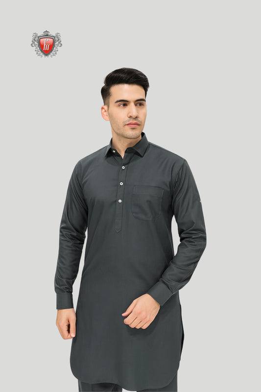 Men’s Designer Kurta Pajama in Charcoal Grey – Bold Celebration Wear