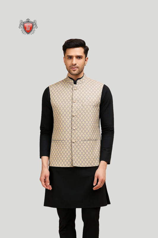 Beige Jacquard Waistcoat with Geometric Pattern – Modern Festive Style