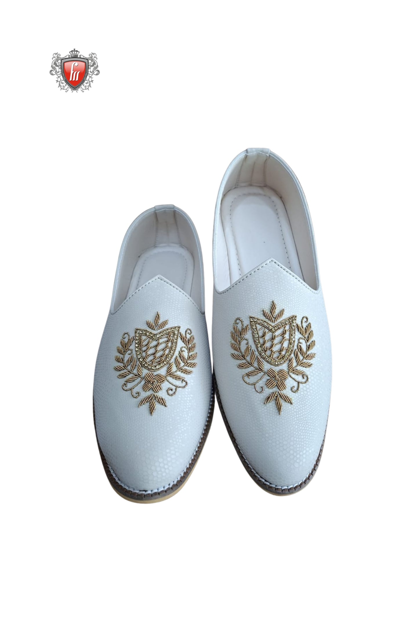 Men’s White Textured Jutti with Golden Crest Embroidery