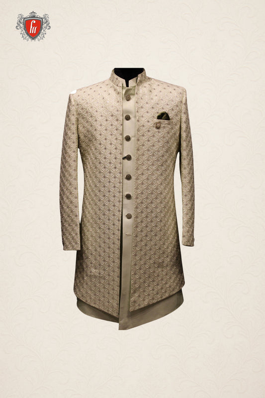 Ivory Indo-Western Sherwani with Textured Fabric and Satin Detailing