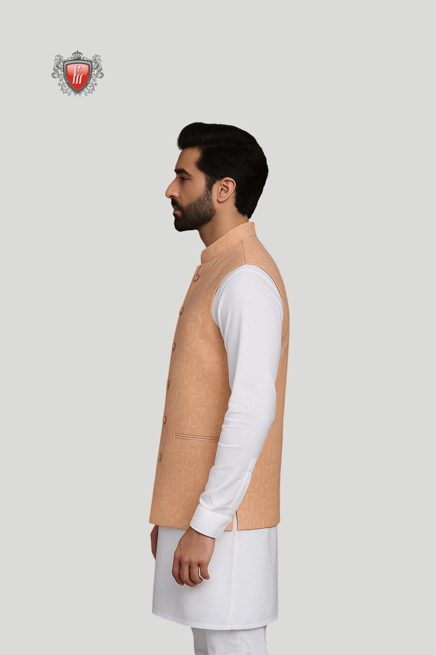 Peach Waistcoat with Subtle Jacquard Pattern – Contemporary Festive Elegance