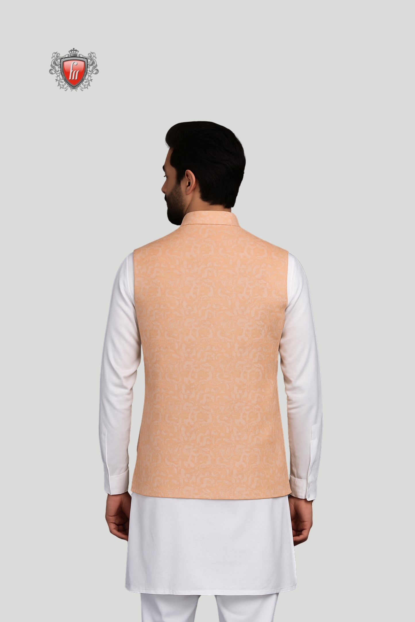 Peach Waistcoat with Subtle Jacquard Pattern – Contemporary Festive Elegance