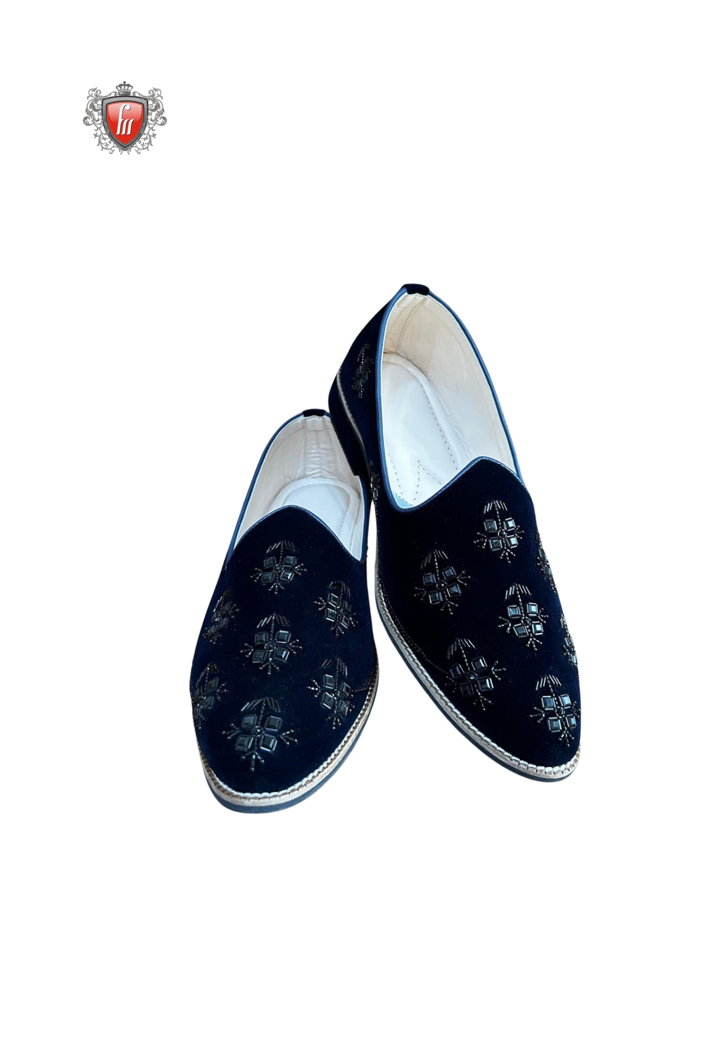 Men’s Navy Blue Velvet Jutti with Geometric Embroidery