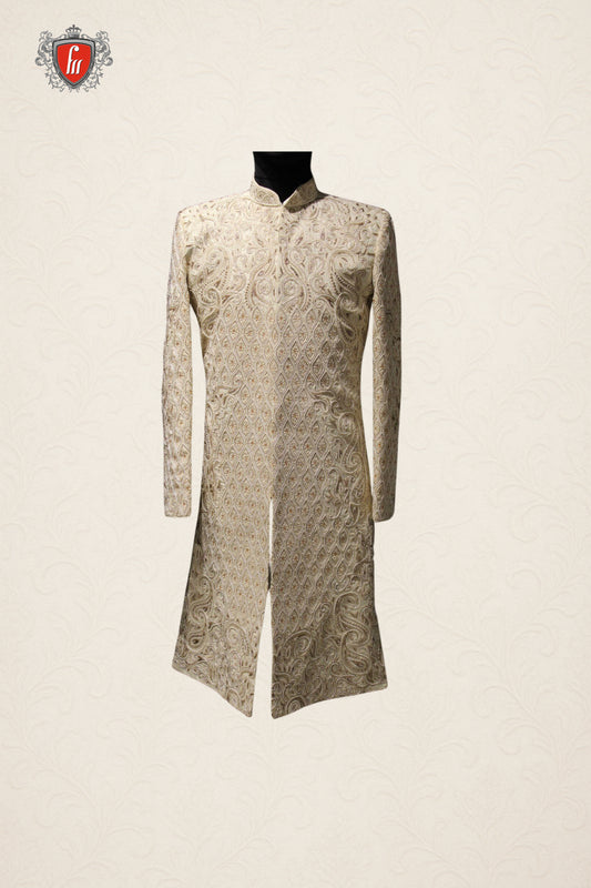 Beige Embroidered Sherwani with Intricate Gold Paisley and Diamond Motifs