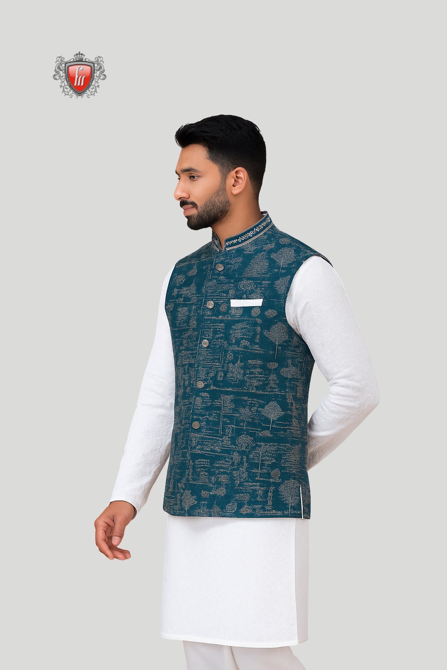 Teal Printed Waistcoat with Contrast Detailing – Contemporary Ethnic Style