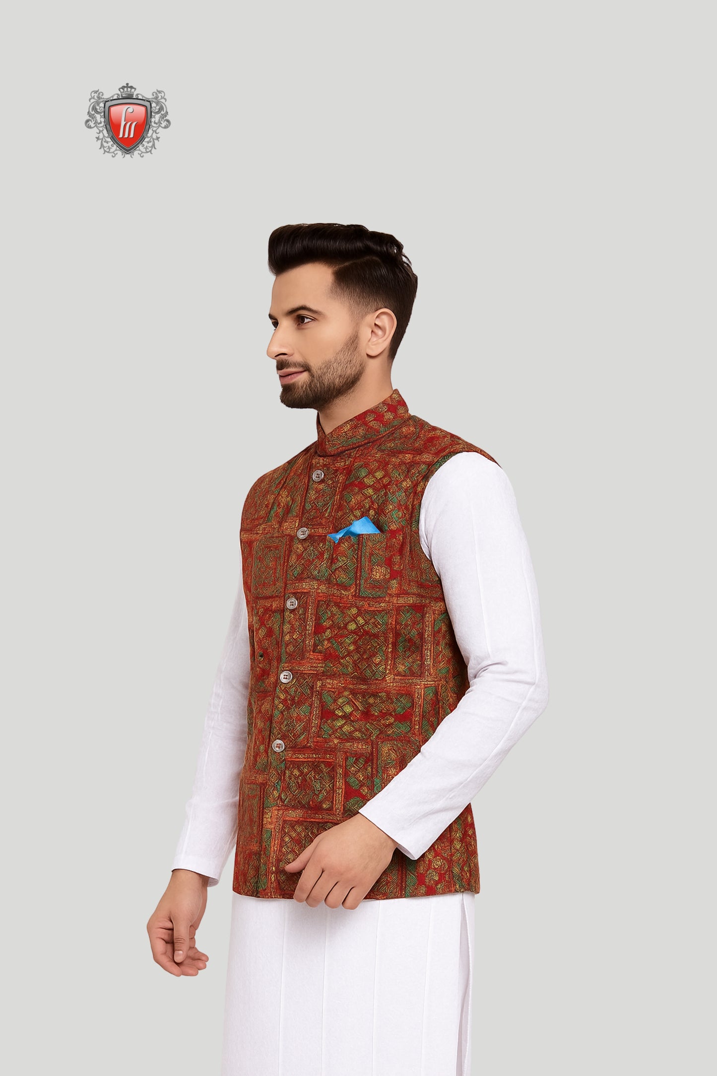 Rust Red Embroidered Waistcoat with Geometric Motifs – Regal Festive Wear