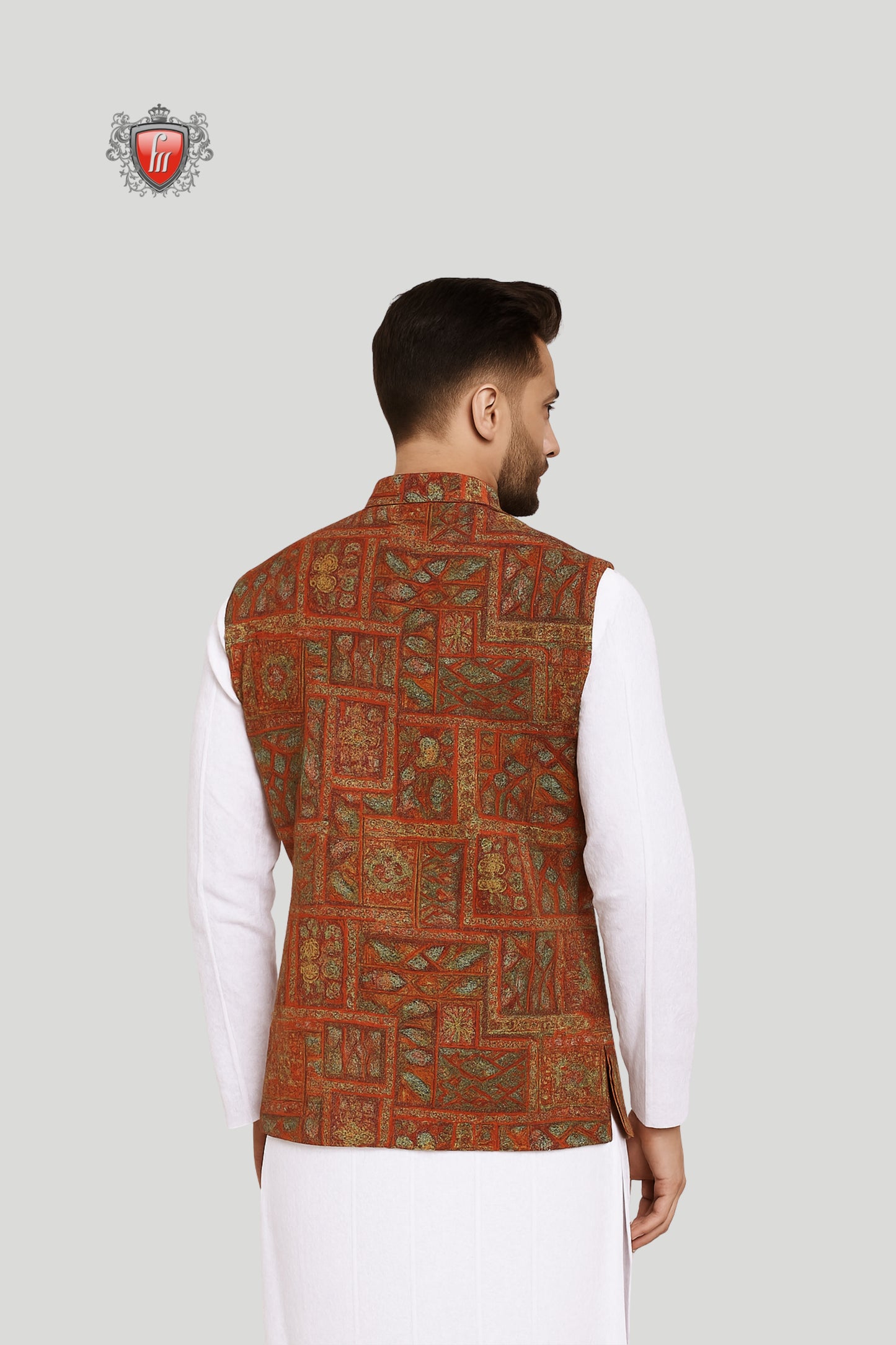 Rust Red Embroidered Waistcoat with Geometric Motifs – Regal Festive Wear