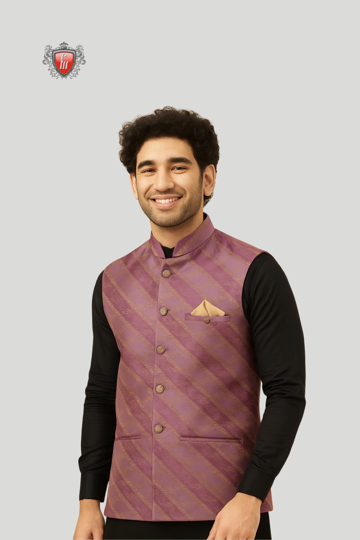 Purple Striped Waistcoat with Golden Accents – Stylish Festive Elegance