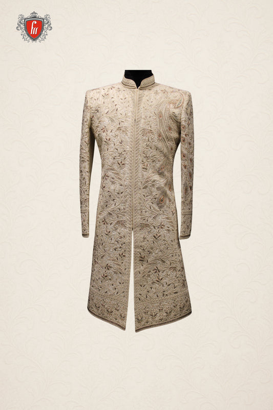 Ivory Sherwani with Detailed Threadwork and Peacock-Inspired Embroidery