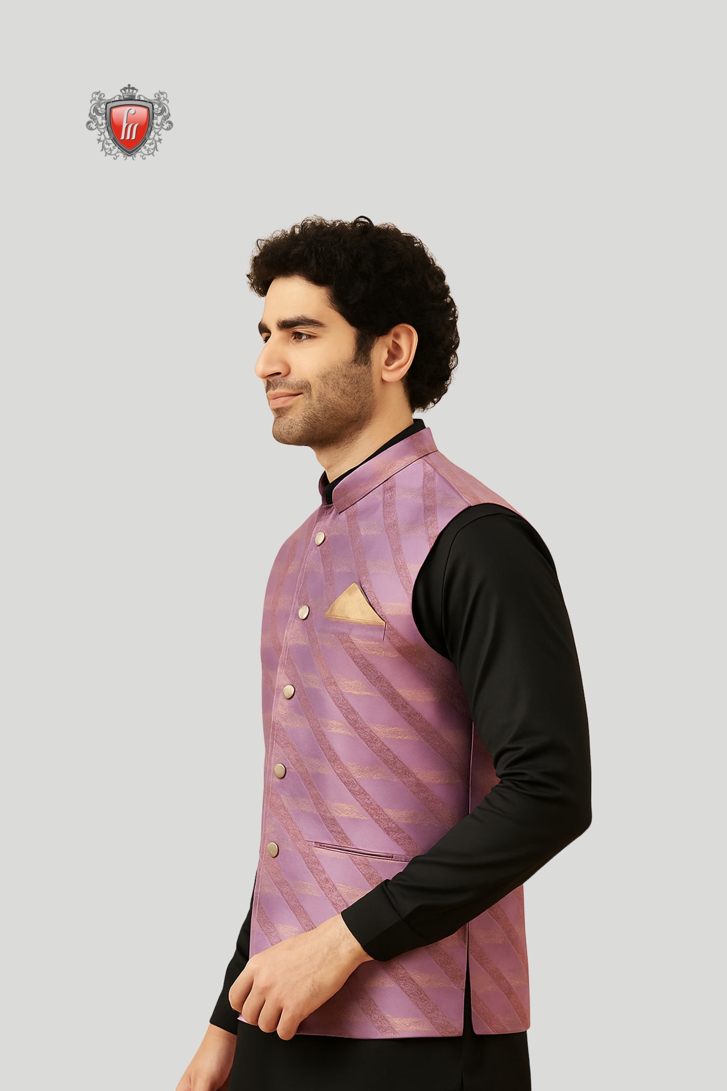 Purple Striped Waistcoat with Golden Accents – Stylish Festive Elegance