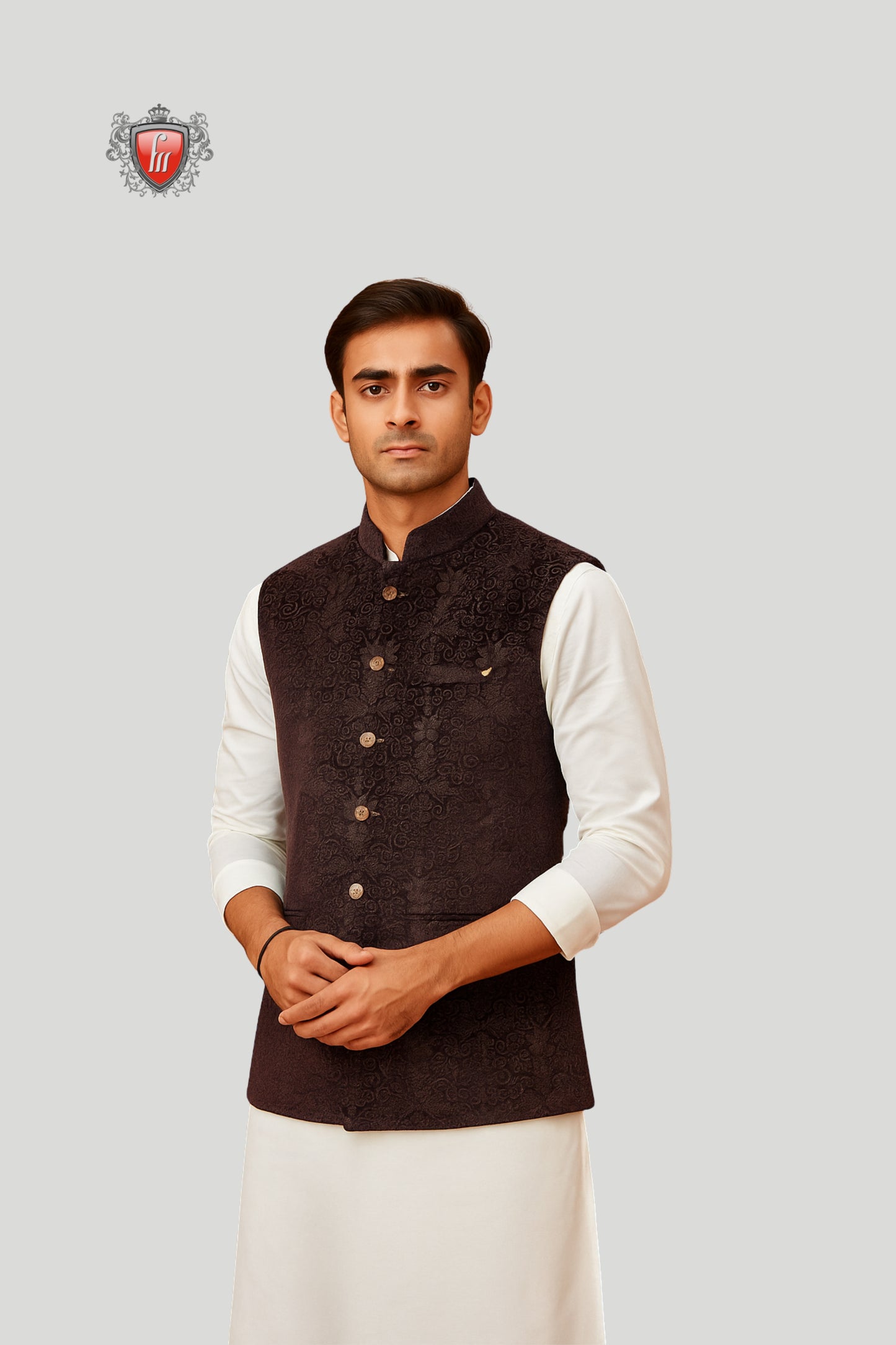 Dark Brown Embroidered Waistcoat with Textured Detailing – Timeless Festive Elegance