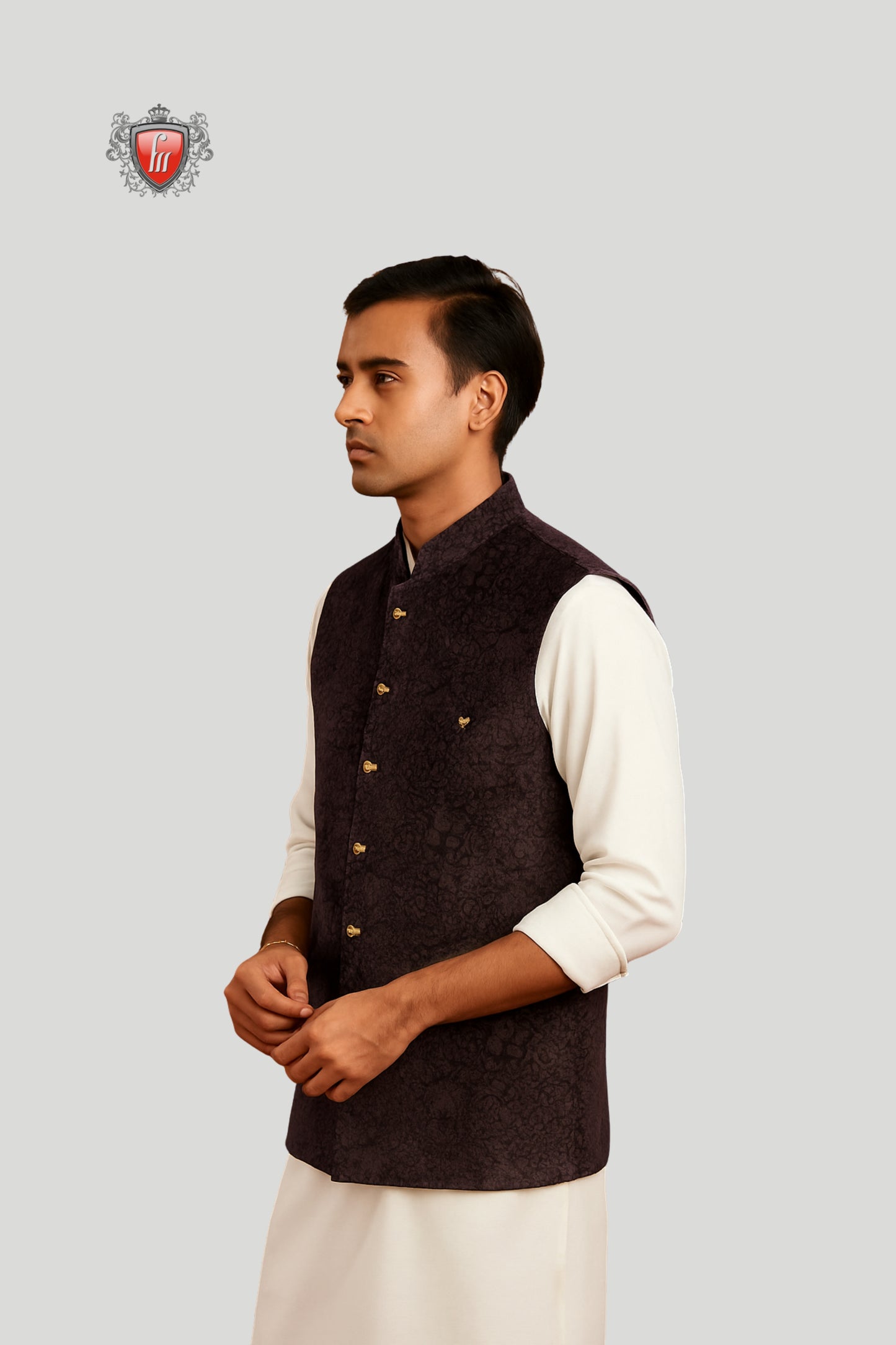 Dark Brown Embroidered Waistcoat with Textured Detailing – Timeless Festive Elegance