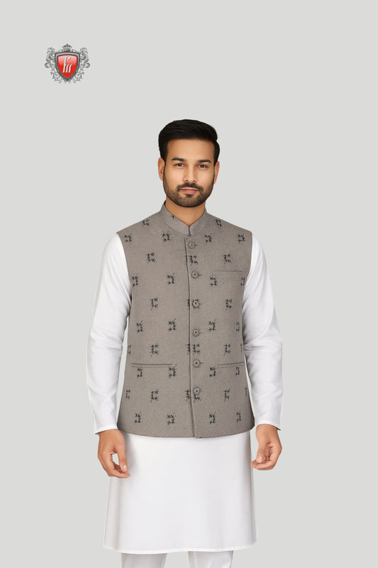 Grey Embroidered Waistcoat with Subtle Motifs – Refined Traditional Style