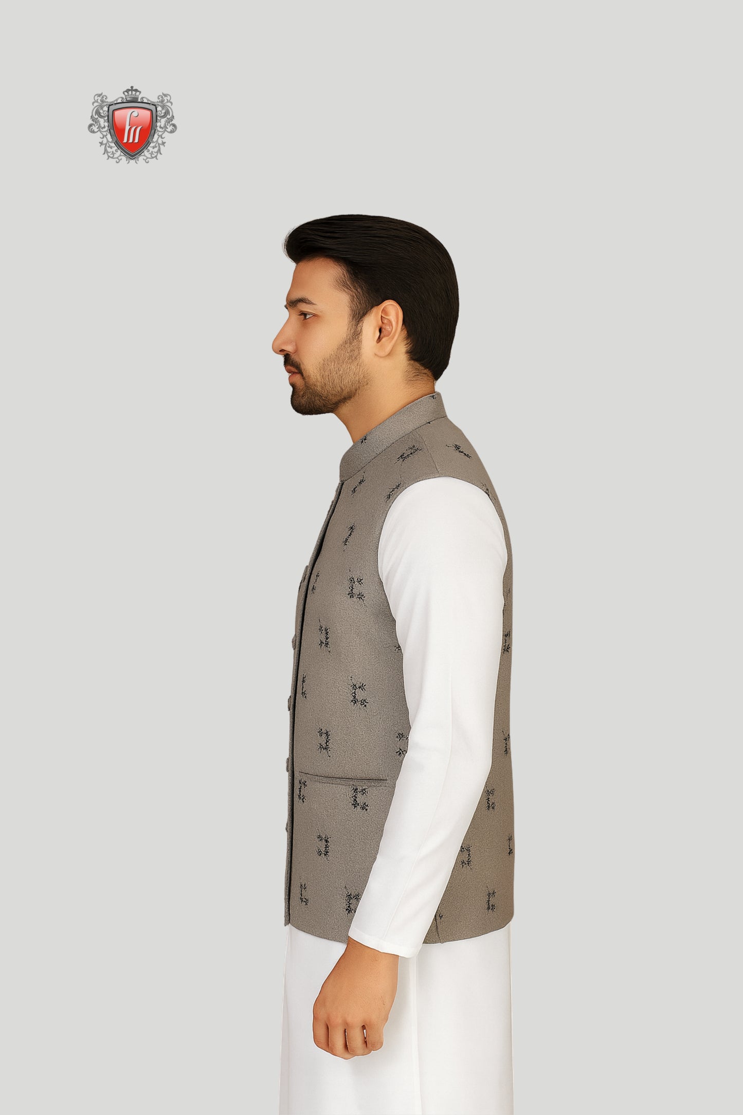 Grey Embroidered Waistcoat with Subtle Motifs – Refined Traditional Style