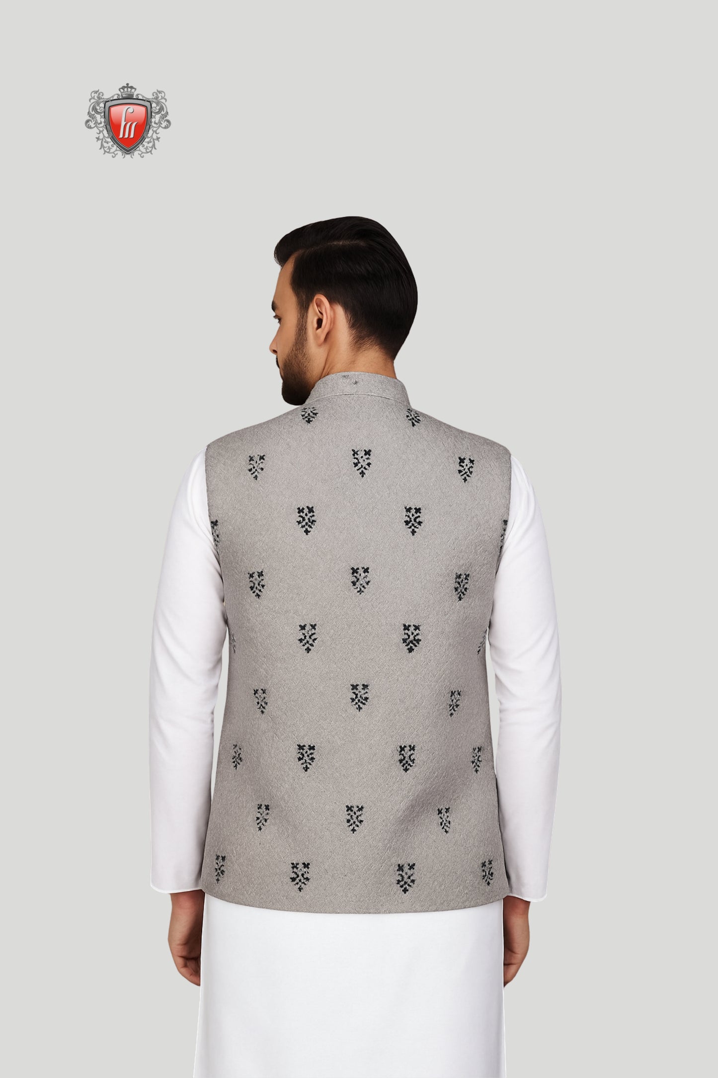 Grey Embroidered Waistcoat with Subtle Motifs – Refined Traditional Style