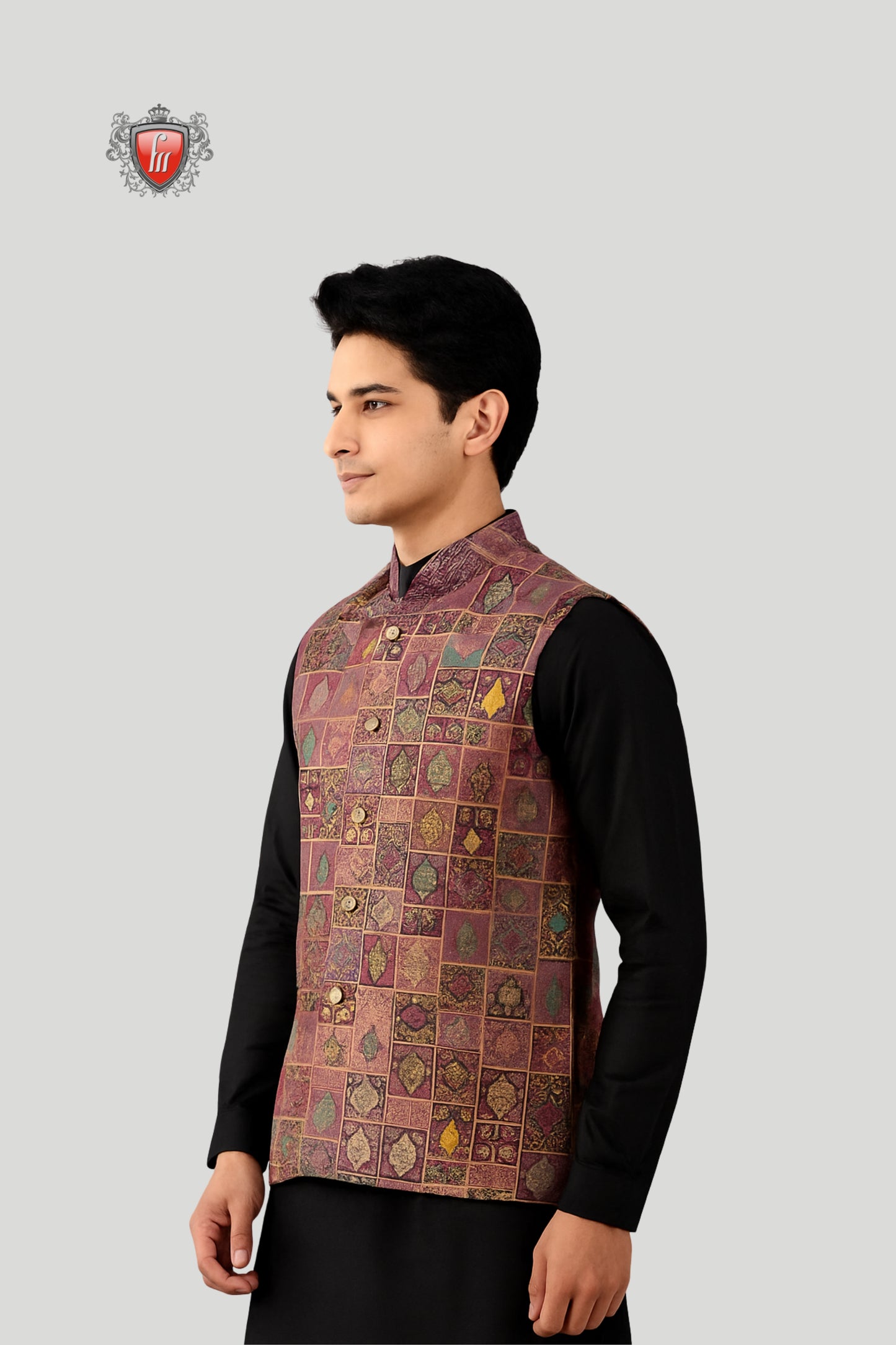 Multicolor Printed Waistcoat with Patchwork Motifs – Vibrant Festive Style