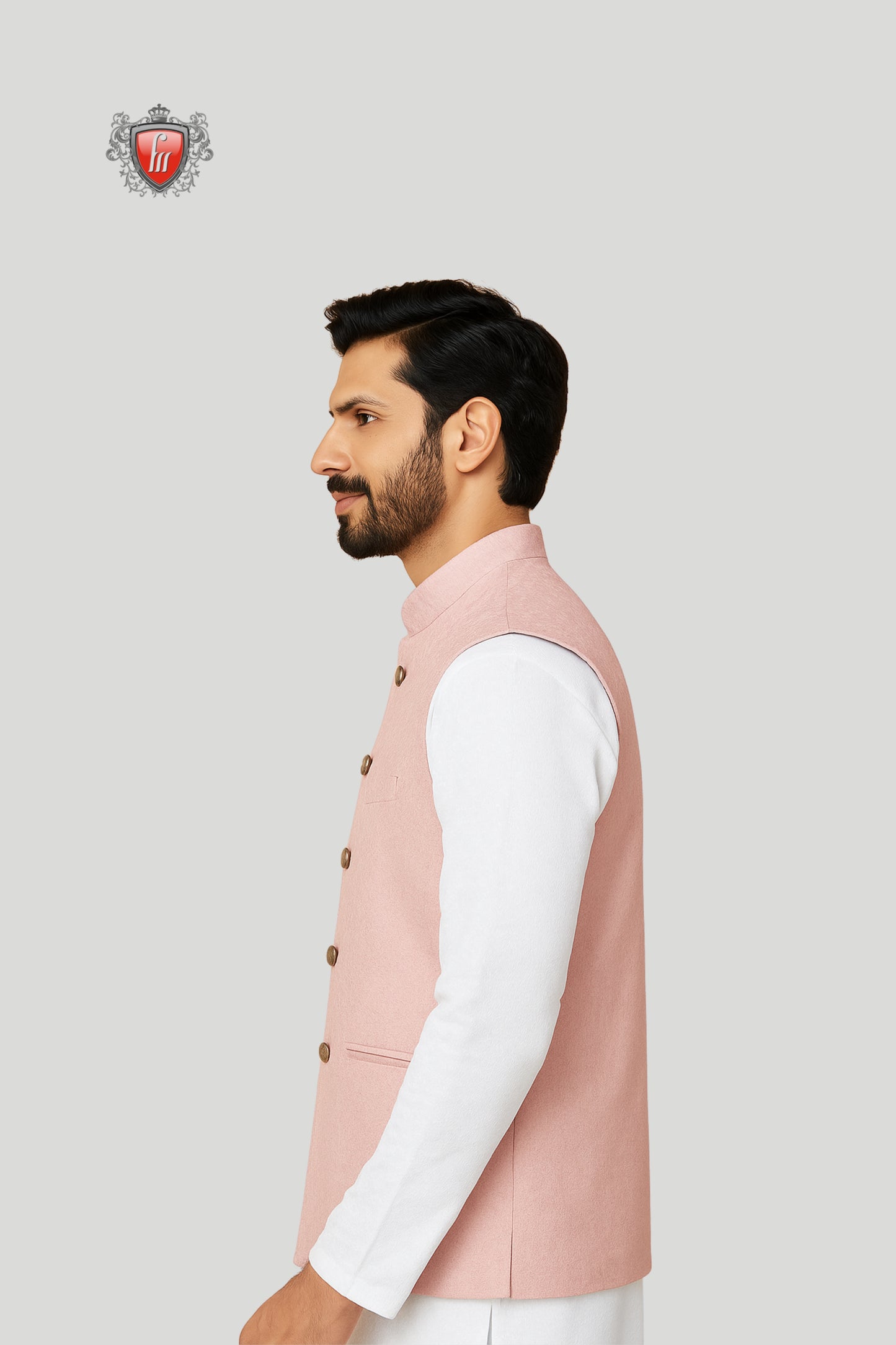 Pastel Pink Waistcoat with Wooden Buttons – Subtle Festive Elegance