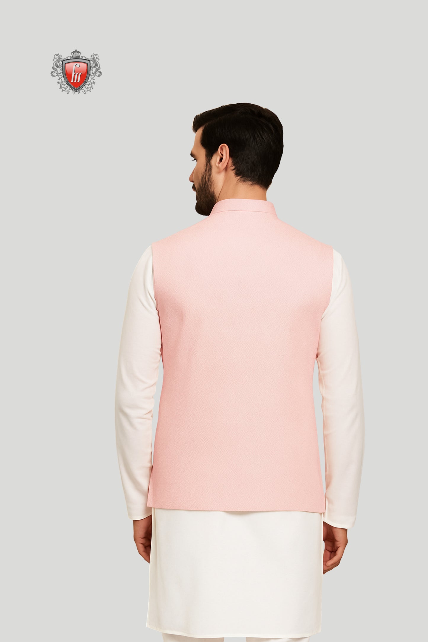 Pastel Pink Waistcoat with Wooden Buttons – Subtle Festive Elegance