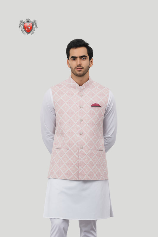 Light Pink Diamond Pattern Waistcoat – Sophisticated Festive Charm