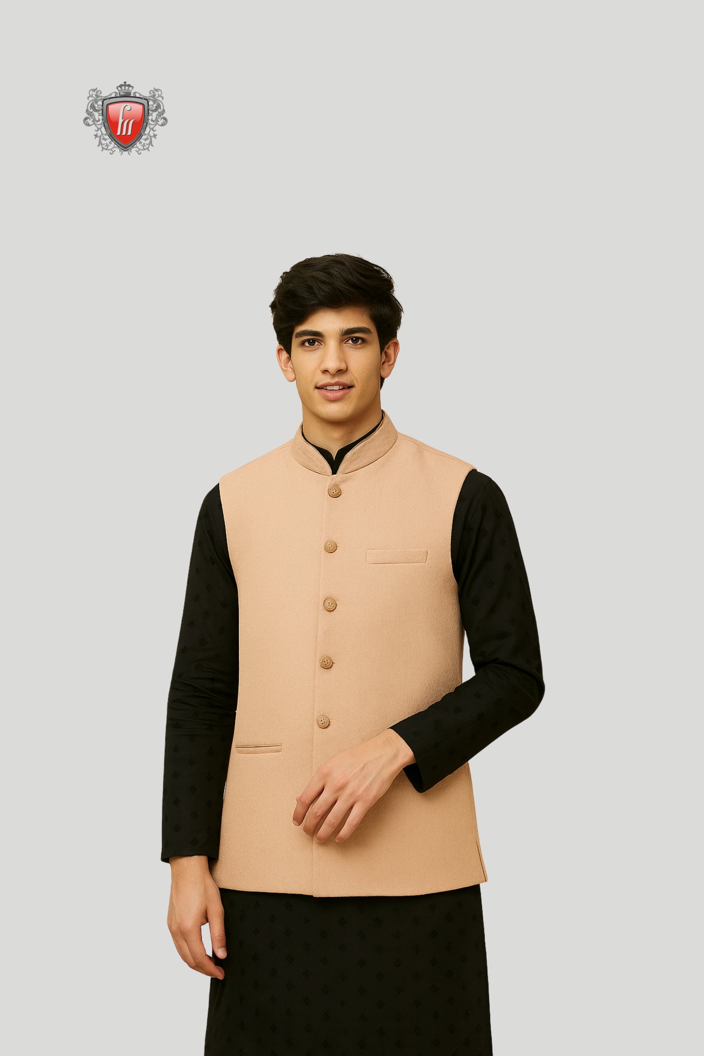 Beige Solid Waistcoat with Wooden Buttons – Classic Ethnic Elegance