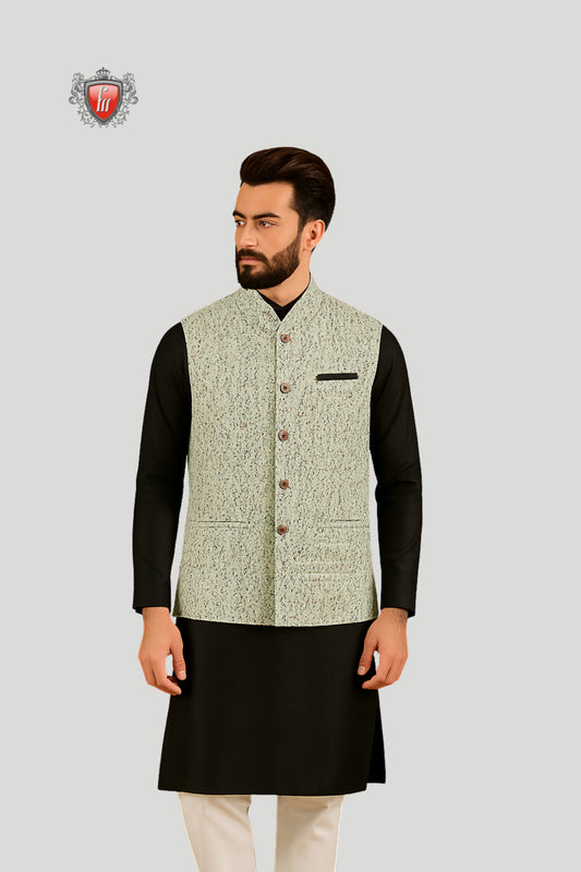 Light Green Textured Waistcoat with Wooden Buttons – Subtle Festive Elegance