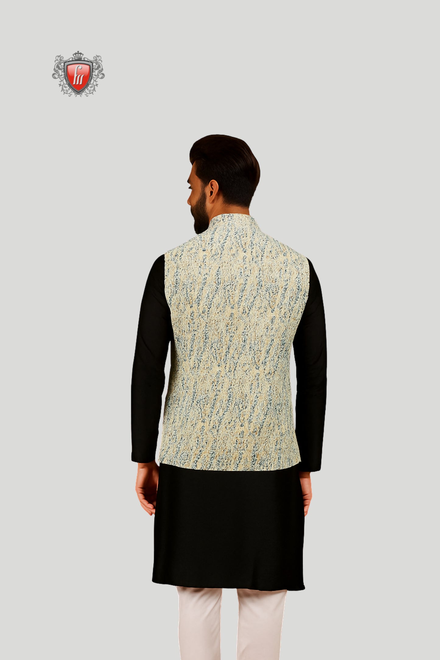 Light Green Textured Waistcoat with Wooden Buttons – Subtle Festive Elegance