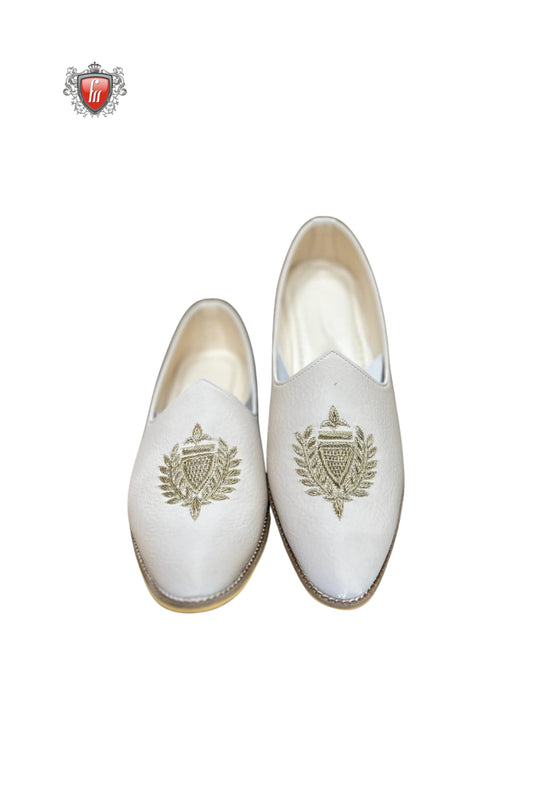 Men’s White Jutti with Golden Crest Embroidery