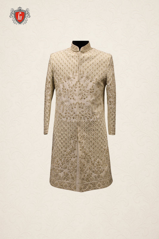 Champagne Diamond-Pattern Sherwani with Floral Embroidery